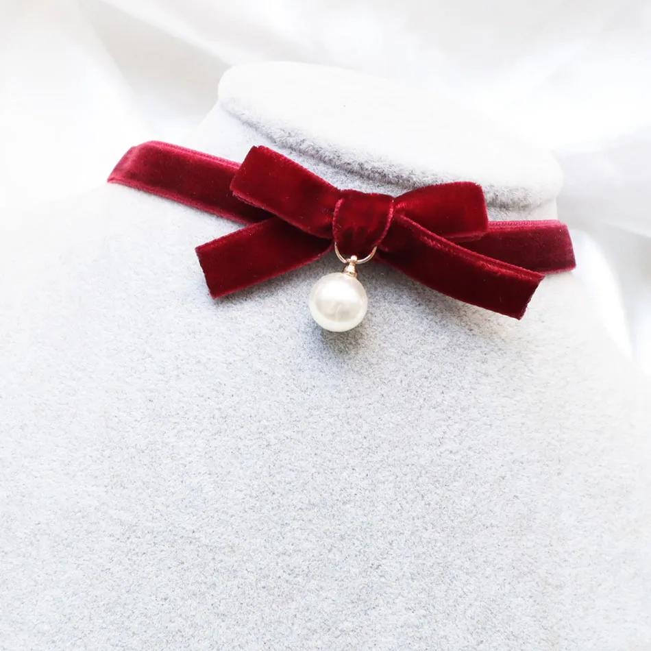Sexy Velvet Pearl Pendant Choker for Women Bow Neck Clavicle Necklace Lady Jewelry Accessories Girl Gift Lace Gothic Daily Party