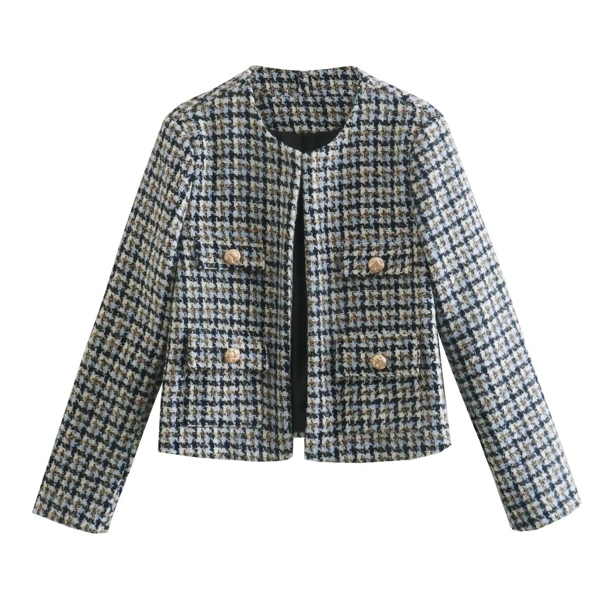 

Офісні жіночі шотландські короткі піджаки, довгі рукави, круглий виріз, кишені на одному ґудзику, офісні жіночі піджаки, елегантні топи L