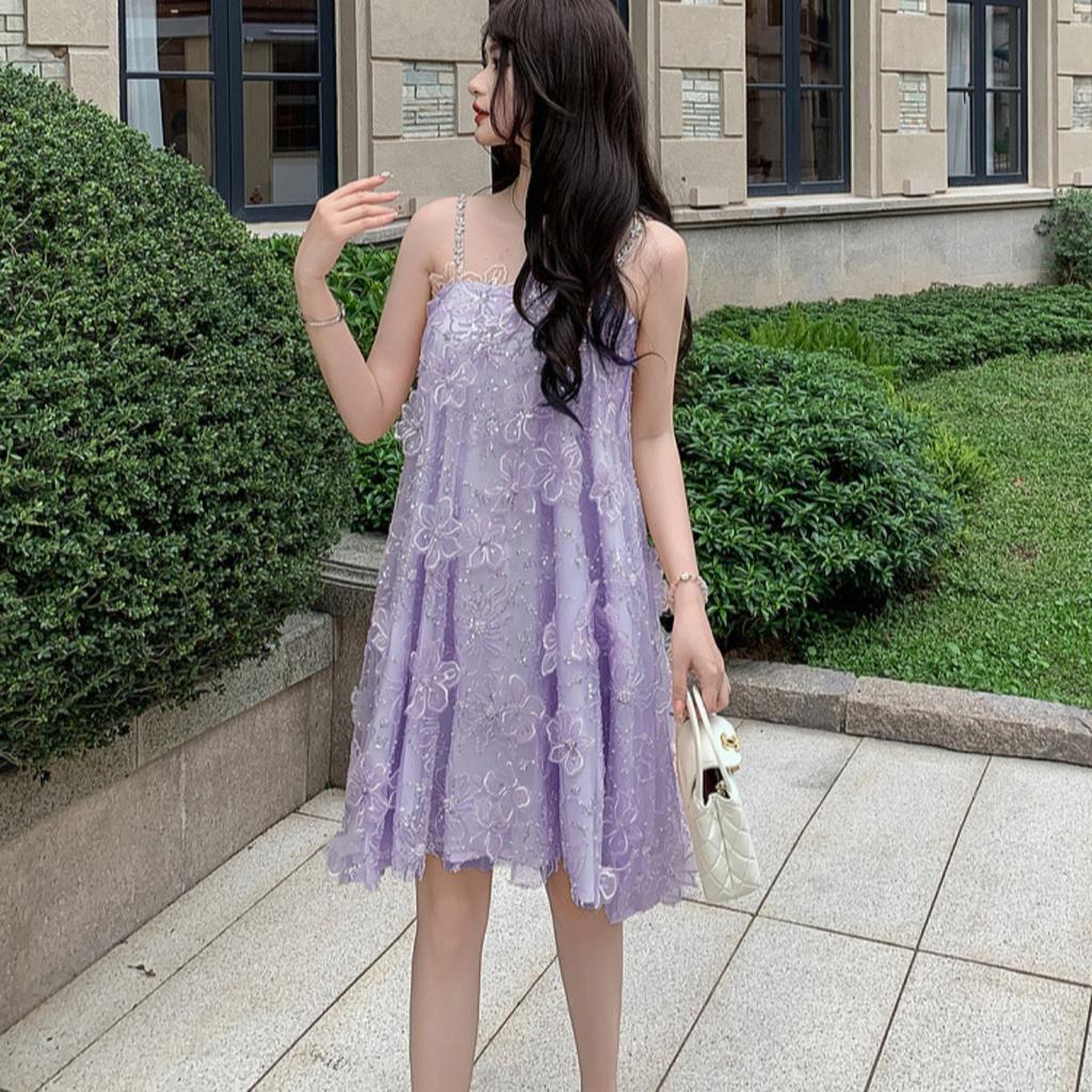 Damen schulterfrei ärmellos Mini-Kleid lockere Passform mittlere Taille elegant Pailletten floral A-Linien-Kleid