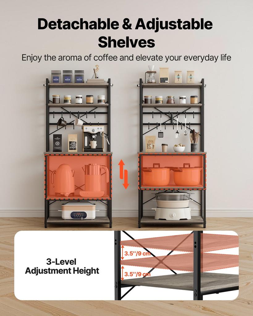 Kitchen Bakers Rack, 600 mm Width Bakers Rack, Kitchen Stand with X-Shaped Support Bar, 12 S-Shaped Hooks, Double-Layer Top Shelf, Coffee Bar Stand