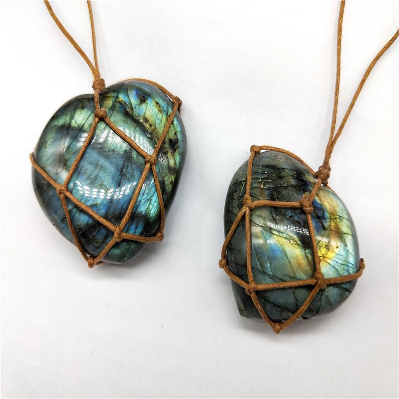 Labradorite Pendant Necklace Heart-Shaped Moonstone Pendant Vintage Hand-knitted Jewelry