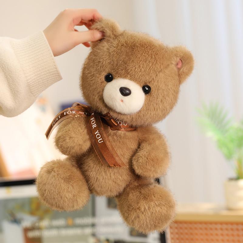 Lovely Baby Bear Plush Toys Cozy Fluffy Cartoon Ribbon Bow Little Bear Doll Warm Children Companion Desktop Pets Party Decor