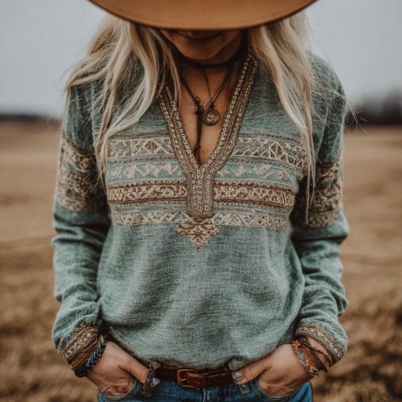 Camicetta da Donna Scollo a V Manica Lunga Vestibilità Regolare Casual Stampa Floreale Camicia Boemia