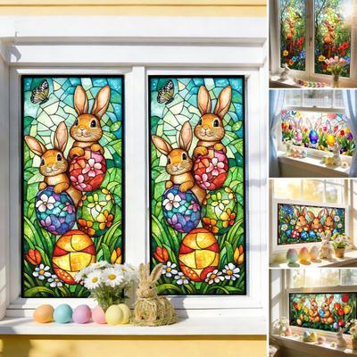 Easter Window Clings Stained Glass Bunny UV Resistant Window Privacy Film Removable Static Decals for Living Room Bedroom Bathroom