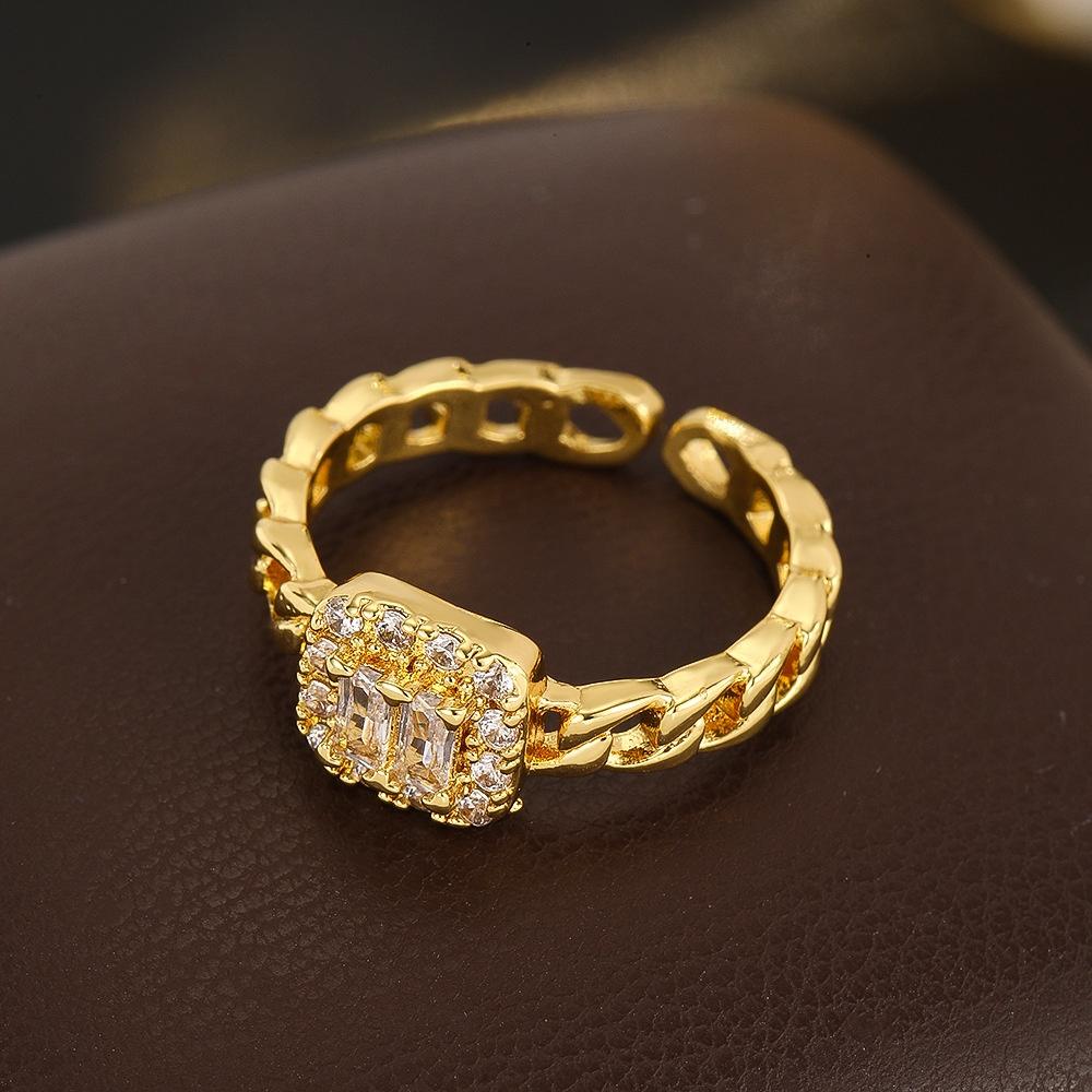 Luxury Female White Zircon Stone Square Skeleton Adjustable Open Ring Vintage Gold Color Wedding Jewelry For Women