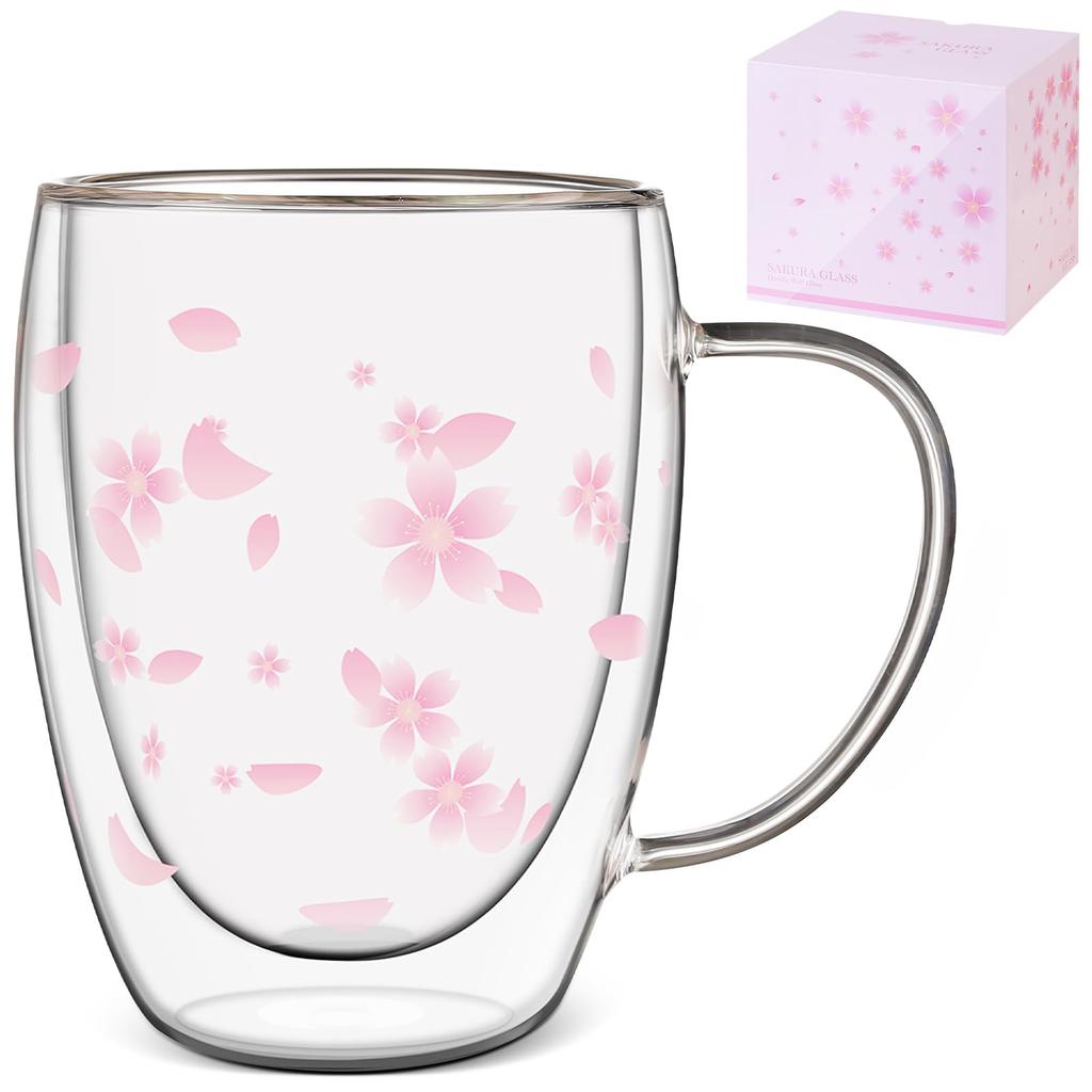 Double-walled glass mug with cherry blossom design, 350ml, perfect as a gift for women. Ideal for birthdays, Mother's Day, graduations, retirements, a