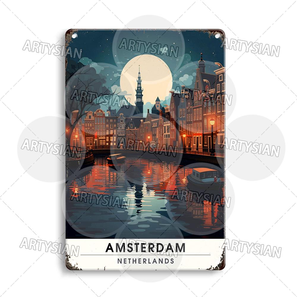 Netherlands Turkey Travel Cityscape Metal Sign Istanbul Bodrum Cappadocia Amsterdam Antalya Bodrum Giethoorn Metal Plaque