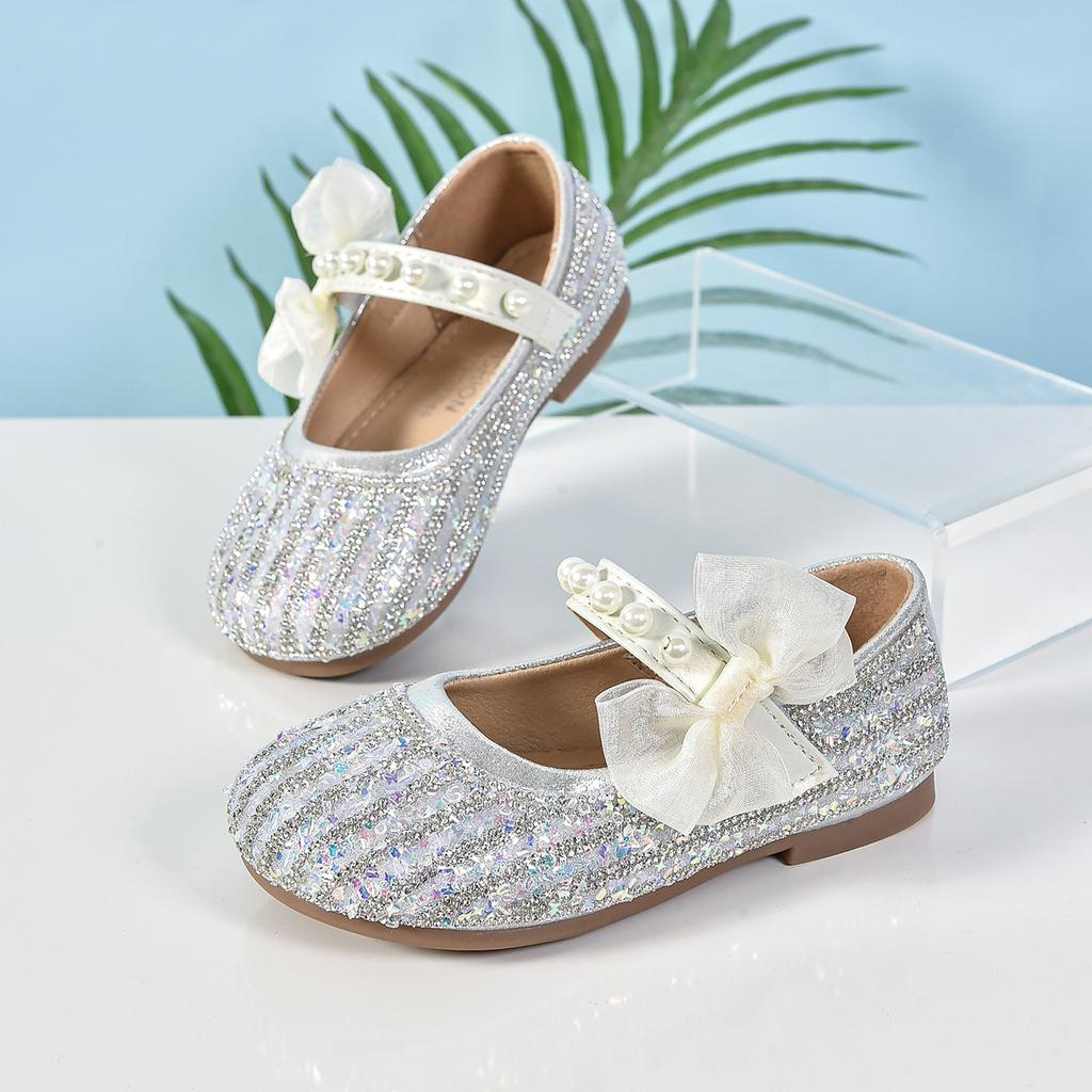 Girls' Princess Shoes Spring and Autumn New Children's Bowknot Flat Leather Shoes Baby Soft Sole Shiny Crystal Shoes