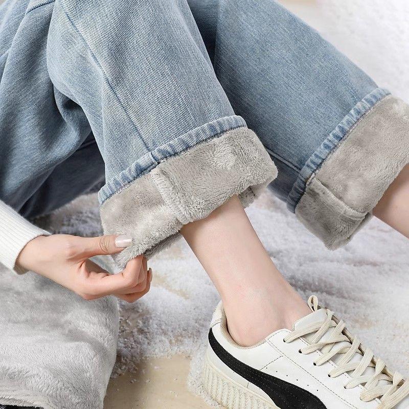 Plus Velvet Thick Jeans for Autumn and Winter, High Waist, Thin Girls, Loose, Straight, All-match, Mopping The Floor