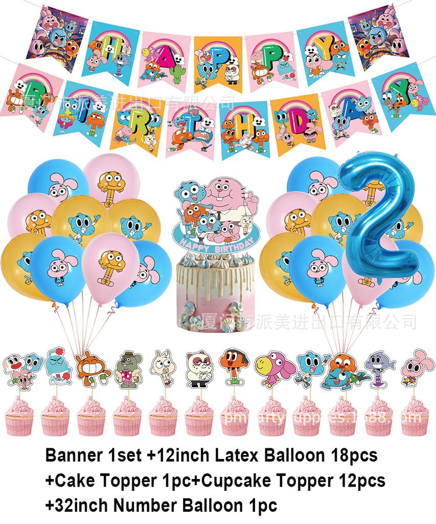 Cartoon Amazing World Birthday Party Decorations Gum&balles Balloon Banner Cake Topper Rabbit Cat Anime Backdrop Kid Favor Gift