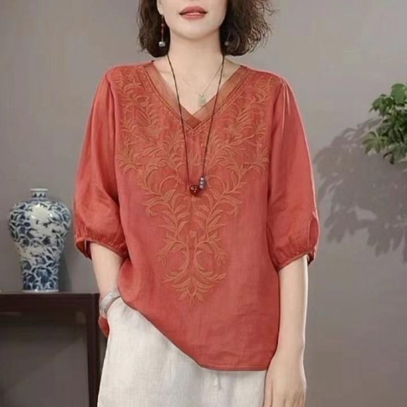Женская хлопково-льняная рубашка с коротким рукавом Женская свободная оверсайз вышитая тонкая рубашка Летняя XL