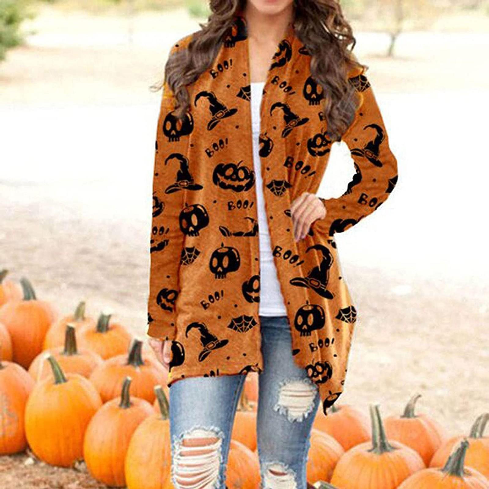Women s Long Sleeve Button-Up Cardigan 3D Print Halloween Animal Top L коричневый