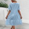 Summer Women Dress Hollow Out O Neck Short Horn Sleeves A-line Pleated Patchwork Solid Color Big Swing Embroidery Vacation Beach Midi Dress