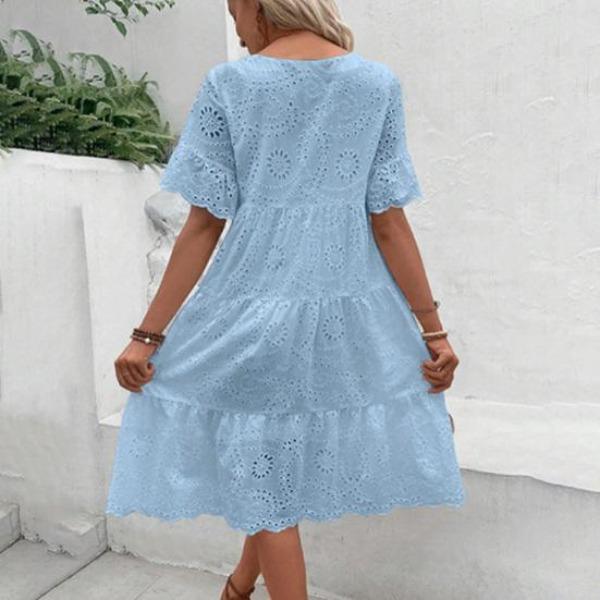 Summer Women Dress Hollow Out O Neck Short Horn Sleeves A-line Pleated Patchwork Solid Color Big Swing Embroidery Vacation Beach Midi Dress