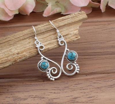 Solid 925 Sterling Silver Turquoise Round Gemstone Earrings Handmade Designer Dangle Drop Earrings Gift For Her