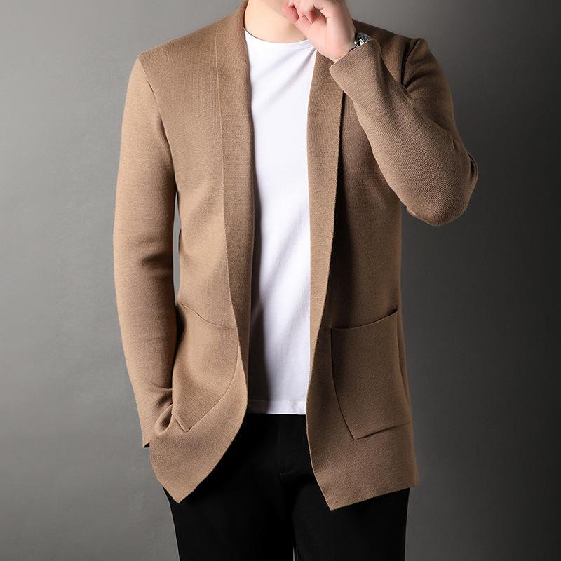 Autumn Mid-length Solid Color Men's Cardigan Suit Collar Knitted Jacket Young and Middle-aged Men's Loose Sweater Loose