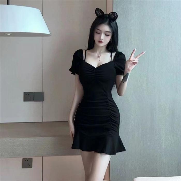 

Black suspender dress women s summer sexy one-word shoulder fishtail hip skirt high-end night work clothes S чёрный