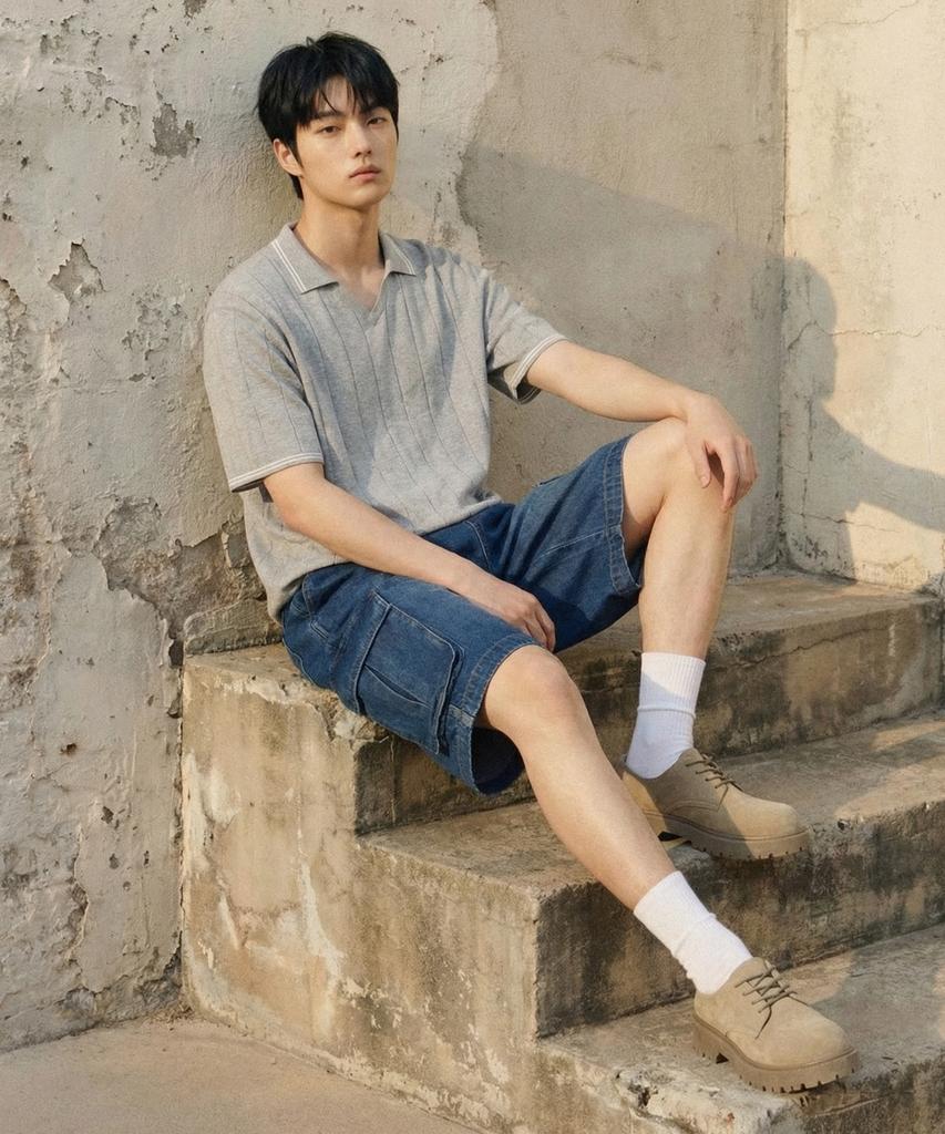 AGOD V-Neck Collared Short-Sleeve Shirt Knit [Heather Grey]
