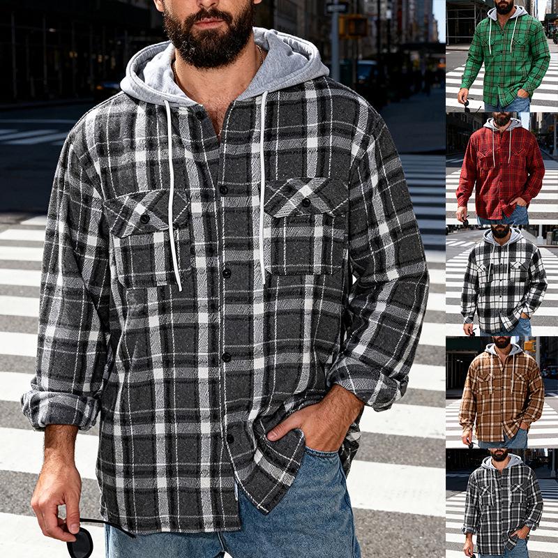 TikTok Men's Plaid Hooded Shirt Jacket - Casual Hip Hop Style for Spring & Autumn