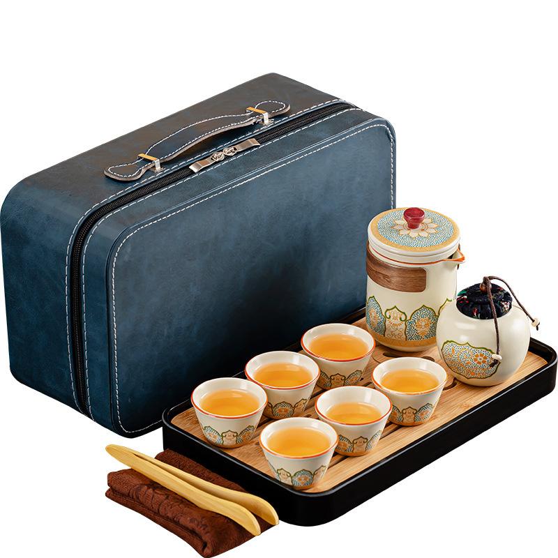 The Whole Set of Tea Sets Is Portable, Kung Fu Ru Kiln Ancient Rhyme Set, with Tea Tray, Outdoor Ceramic Express Cup, Company Business Gifts