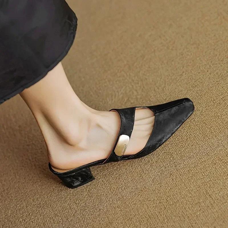 

Fashion Slippers for Women 2024 Summer Shoes Cover High Heels Dress Metal Slides Mules Square Toe Chunky Heel Hollow Out Shoes 35