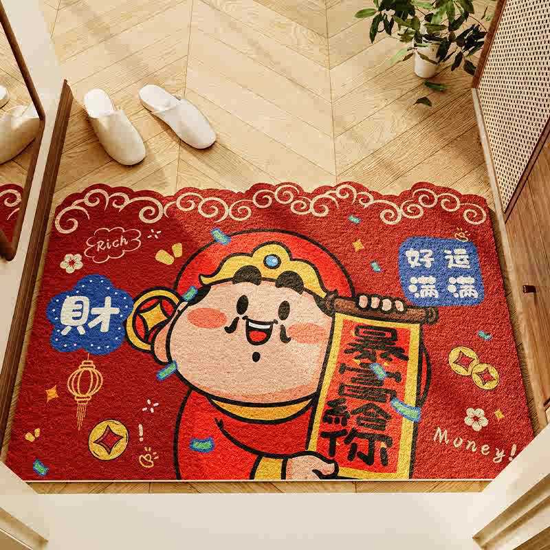 Cute Cartoon God Of Wealth Entrance Door Floor Mat, Non-Slip And Easy To Take Care Of At The Entrance, Silk Ring Foot Pad, Household Dust Removal