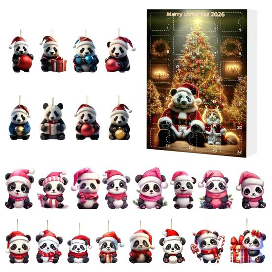Christmas Gift for Panda Lovers 2D Acrylic Cute Ornaments Advent Calendar, 24 Days Holiday Decorations Countdown Collectible Hanging Pendants