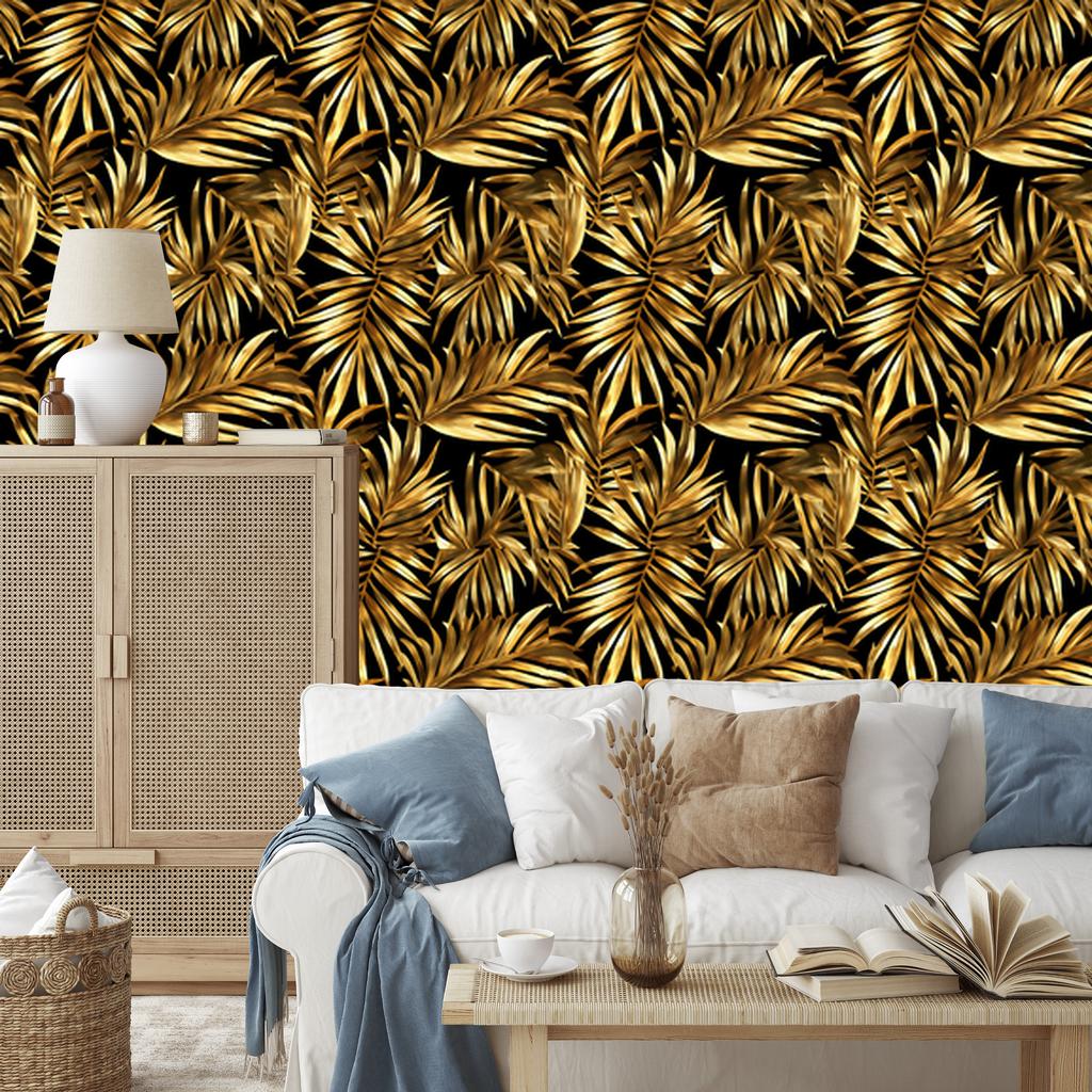 Flowers and Leaves Wallpaper Ochre, Gold and Black for Living Room and Bedroom 50x1000