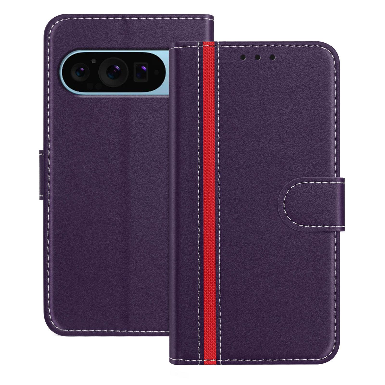 

For Google Pixel 9 Phone Cases Wallet Stand Color Splicing Leather Cover with Magnetic Clasp Purple