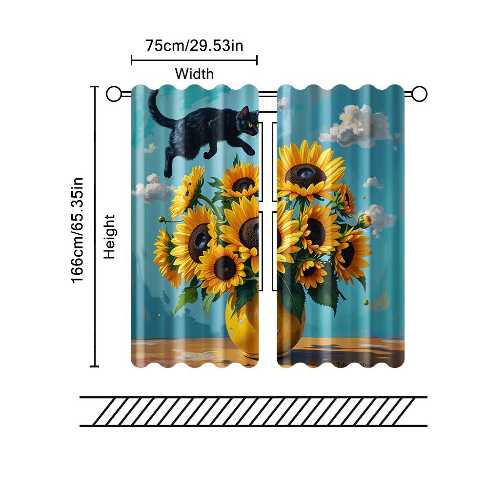 2 Pcs, Filtering Curtains (excluding Rods, Non-movable, Without Batteries) Funny Black Cat Vase for Use In Bedrooms and Living