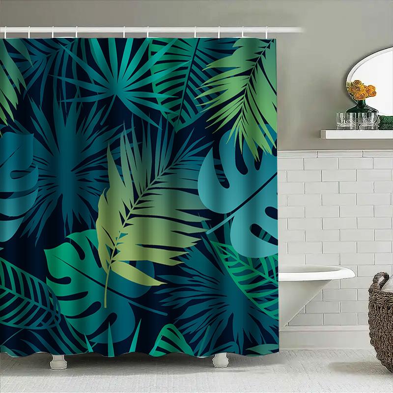 Vibrant Palm Tree Print Shower Curtain For Bathroom Decor Dark Green Blue Colors With Fresh Leaf Design Made From Durable Waterp