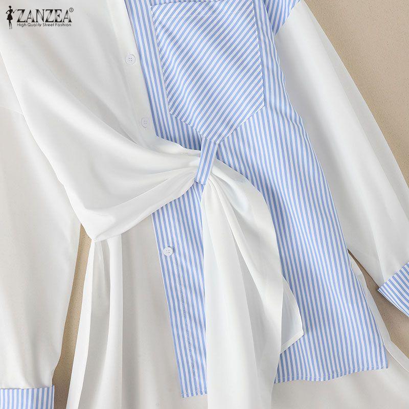 ZANZEA Women Casual Turn Down Collar Stripe Splice Loose Long Sleeve Blouse