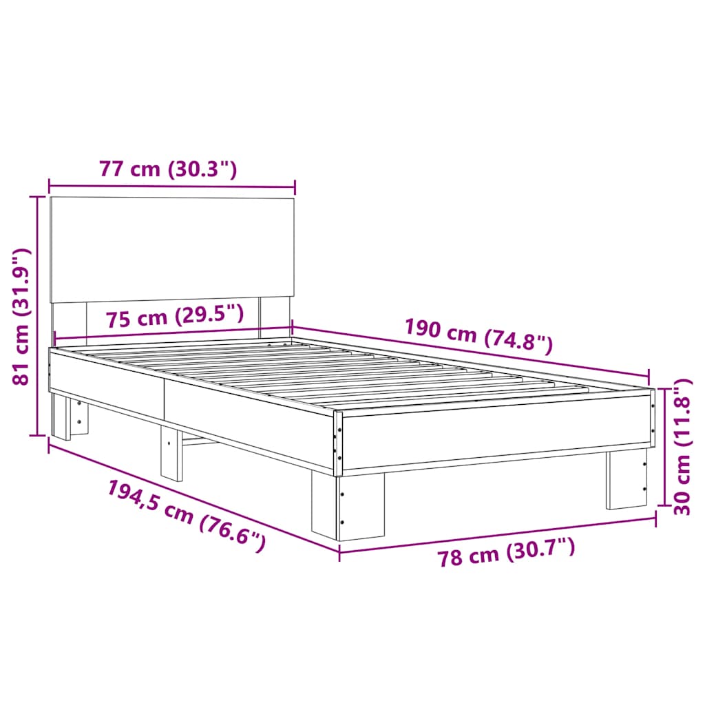 Bed Frame Smoked Oak 75 x 190 cm Wood Based Panel and Metal