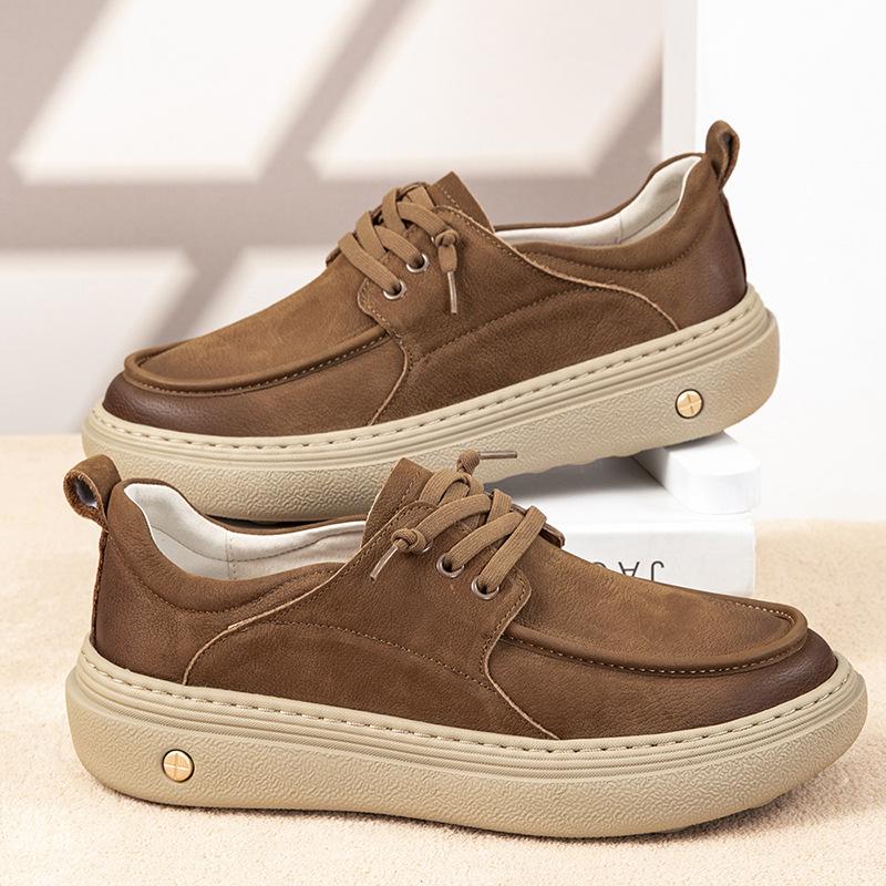 2025 Autumn Men's Height-Boosting Thick-Soled Leather Skate Shoes - Comfortable, Fashionable Lace-Up Design