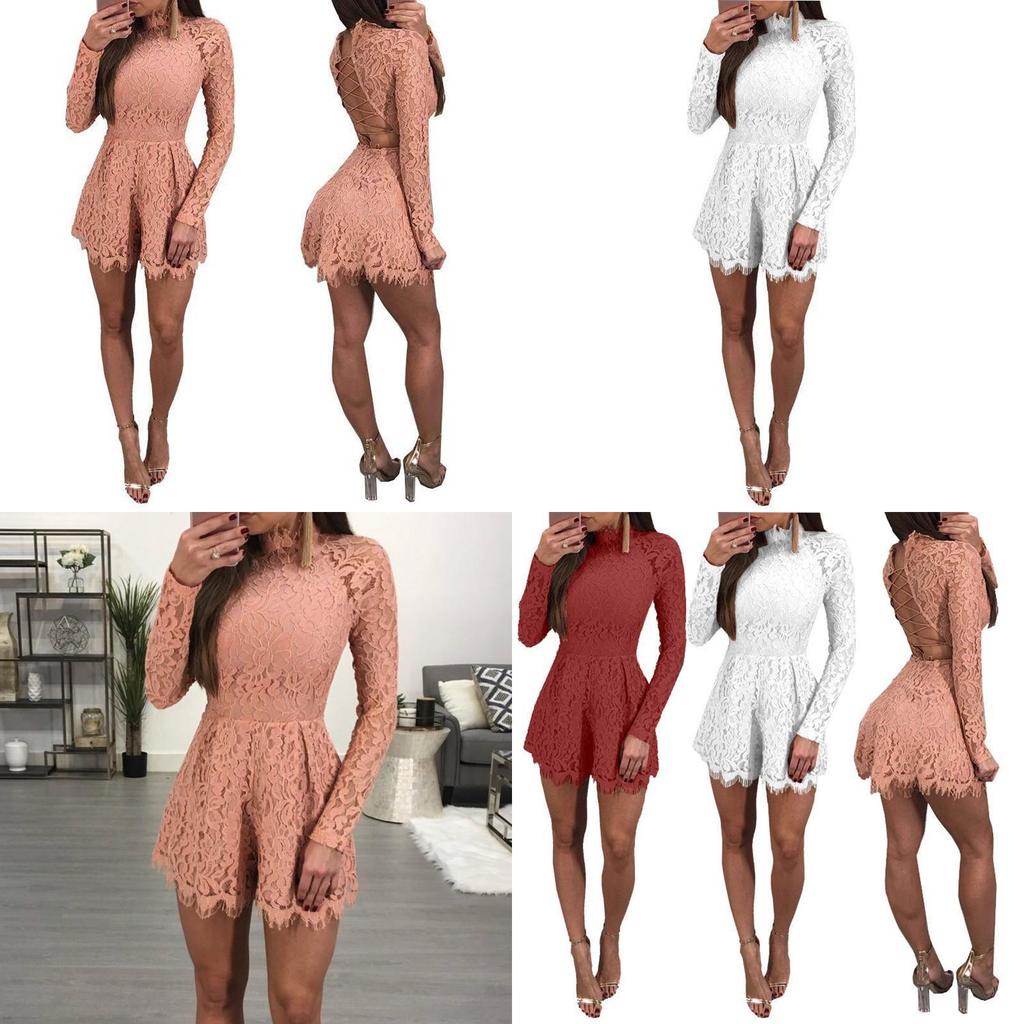 Elegant Womens Fashion Casual Romper Dress Lace Long Sleeve Sexy Short Jumpsuit