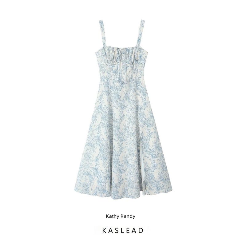 Kaslead New Arrival Women's Clothing Fashion Style Fashion French Drawstring Waist Slit Blue and White Porcelain Printed Dress