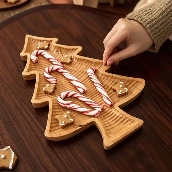 Holiday Food Display Plate Wooden Christmas Tree Serving Tray, Candy Nut Dish, Xmas Tree?Shaped Snack Storage Rustic Home Table Decor Plate,