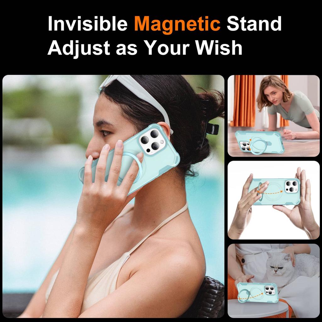 For iPhone 16e/16/15/14/13/12 Pro Max 16 Plus 11 Stand Case Compatible with Magnetic, Built-in Ring Holder Drop Protection Cover