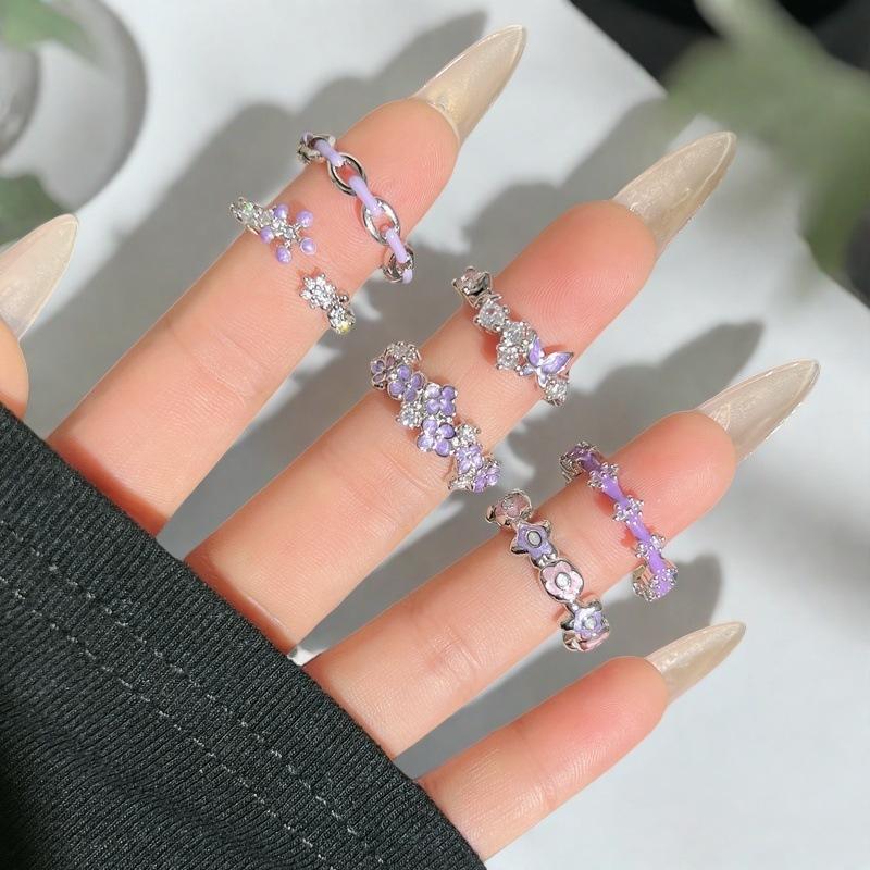Purple Romantic Butterfly Flower Enamel Dripping Open Ring Niche Unique Sense Light Luxury High Sense Ring
