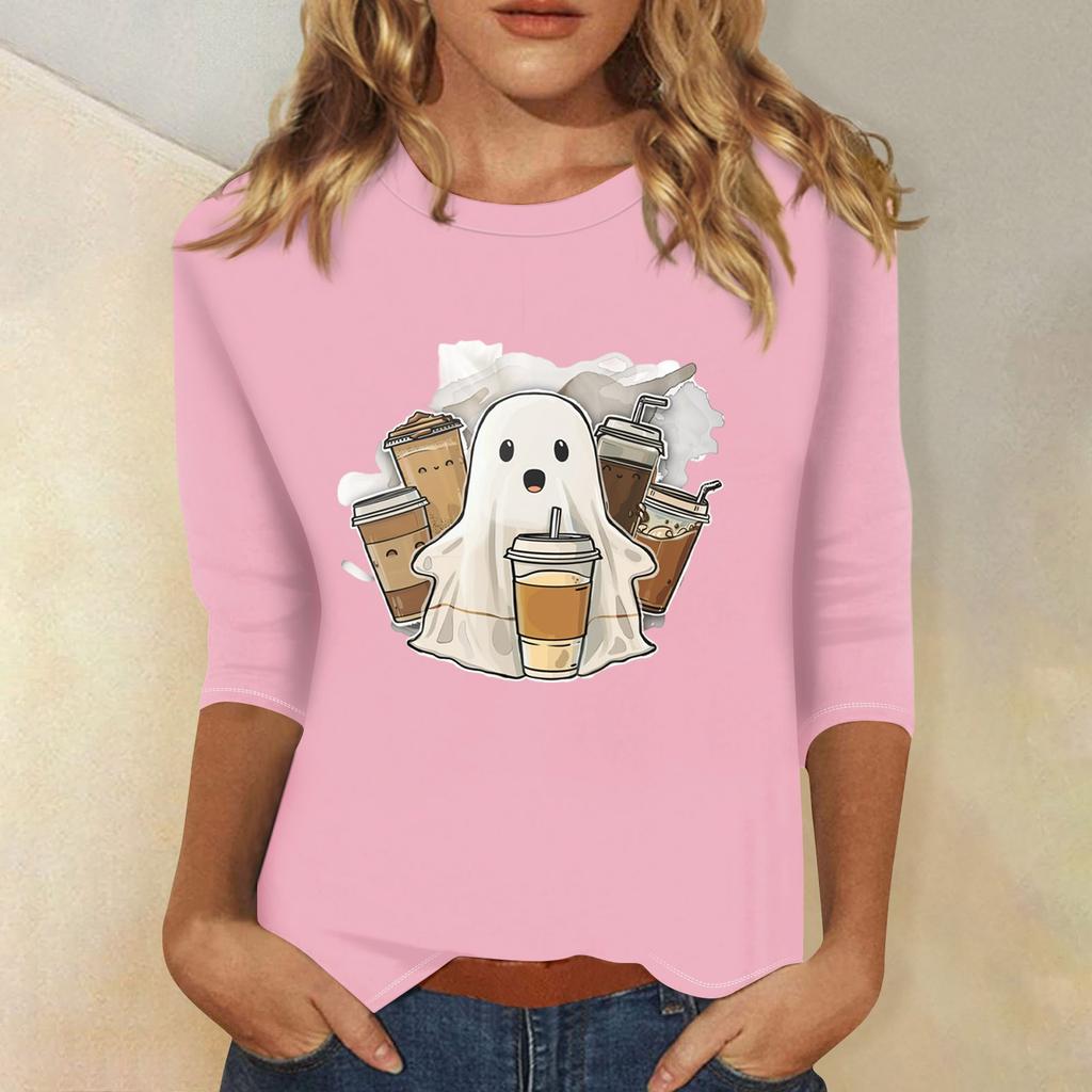 Dame Mote Casual Trekvartsermet Halloween Trykket Rund Hals Topp