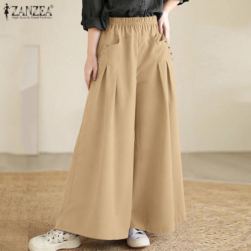 ZANZEA Womens Casual Solid Color Loose Wide Leg Pants
