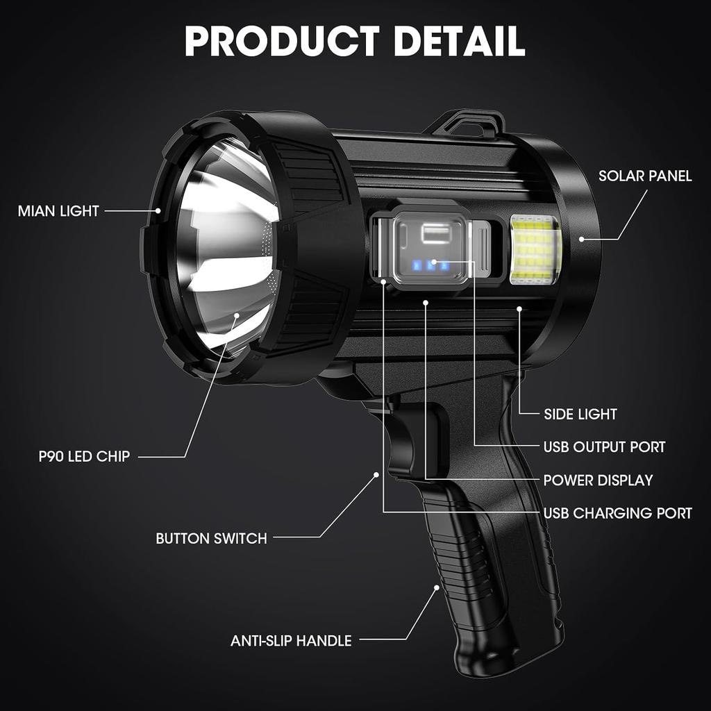 Kmivo Rechargeable Spotlight, 2,000,000 Lumens Super Bright Handheld Led Flashlight, Outdoor Spot Light with Cob Light and Solar Panelsfor Boating