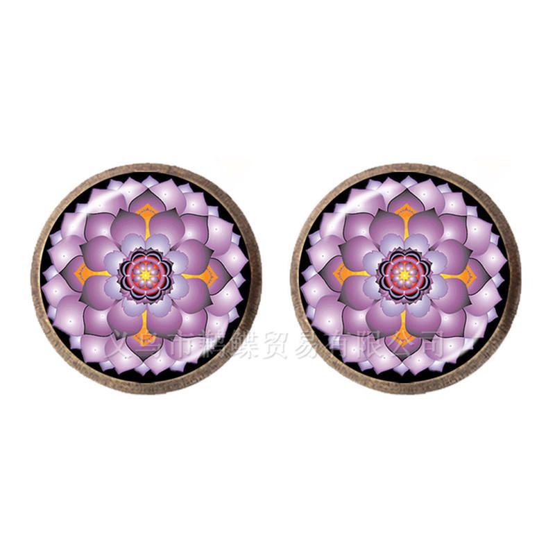 Enamel Mandala Lotus Earrings Henna Yoga Jewelry Stud Earrings For Women Charm Art Picture OM Symbol Buddhism Zen Glass Jewelry