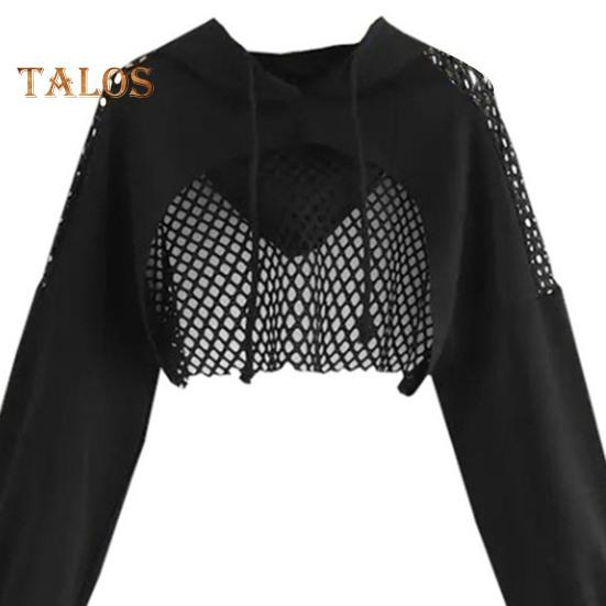 Women Hoodir Hollow Out Mesh Patchwor Hooded Long Sleeves Drawstring Waist Exposure Solid Color Streetwear Club Party Cropped Top