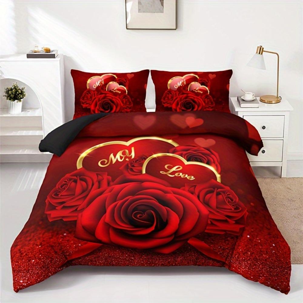 Red Beding Set Romantic Rose Printed Cozy Soft Duvet Cover King Quen Twin Sized Dimensions Birthday Gift Weding Gift for Couple Bedrom Decor