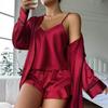 Set pigiama semplice in raso, manica lunga, cintura, scollo a V, canotta e pantaloncini, pigiameria da donna