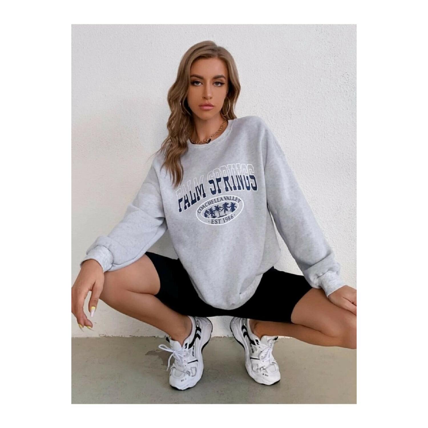 

Женский серый вязаный флисовый свитшот оверсайз темно-синего цвета с принтом Palm Springs S серый