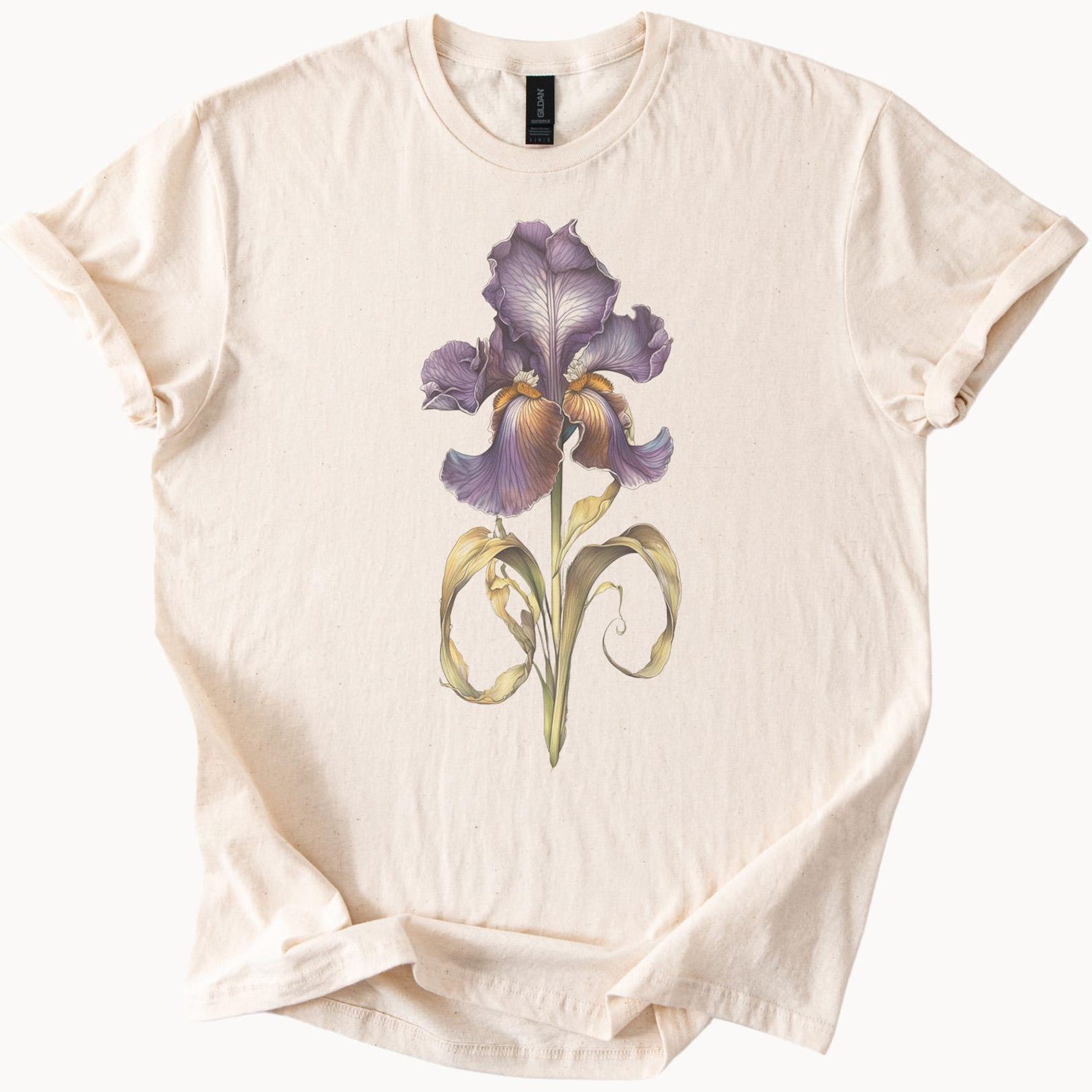 Iris Flower Graphic T Shirt Botanical Art Purple Floral Tee Nature Lover Shirt Artistic Flower Print Shirt Gift for Garden Enthusiast 130