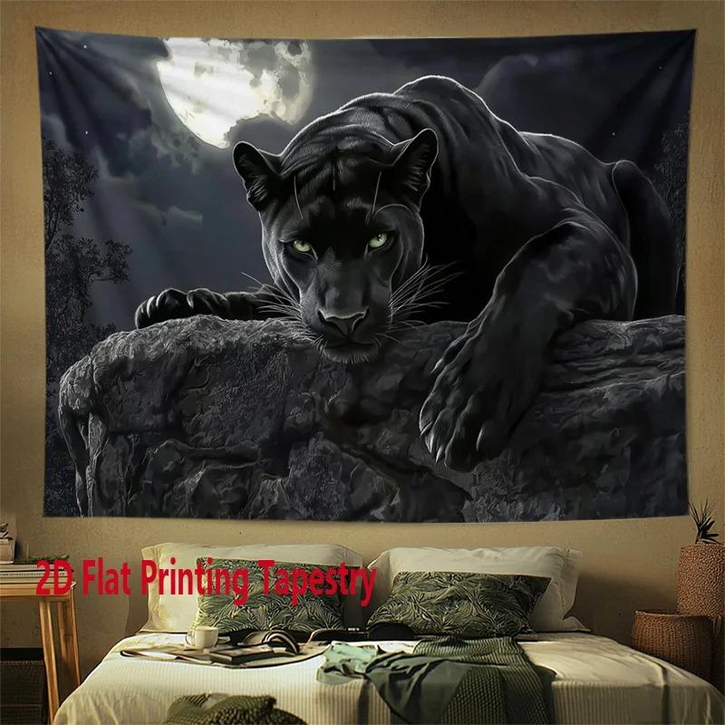 Black Panther Canvas Tapestry Moonlit Forest Glowing Eyes Polyester Wall Hanging For Home Living Room Bedroom Office Decor