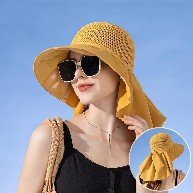 Summer Women Bucket Hat with Shawl Lightweight Breathable Mesh Face Neck Protection Sun Hat Bow Pleat Design Travel Beach Cap